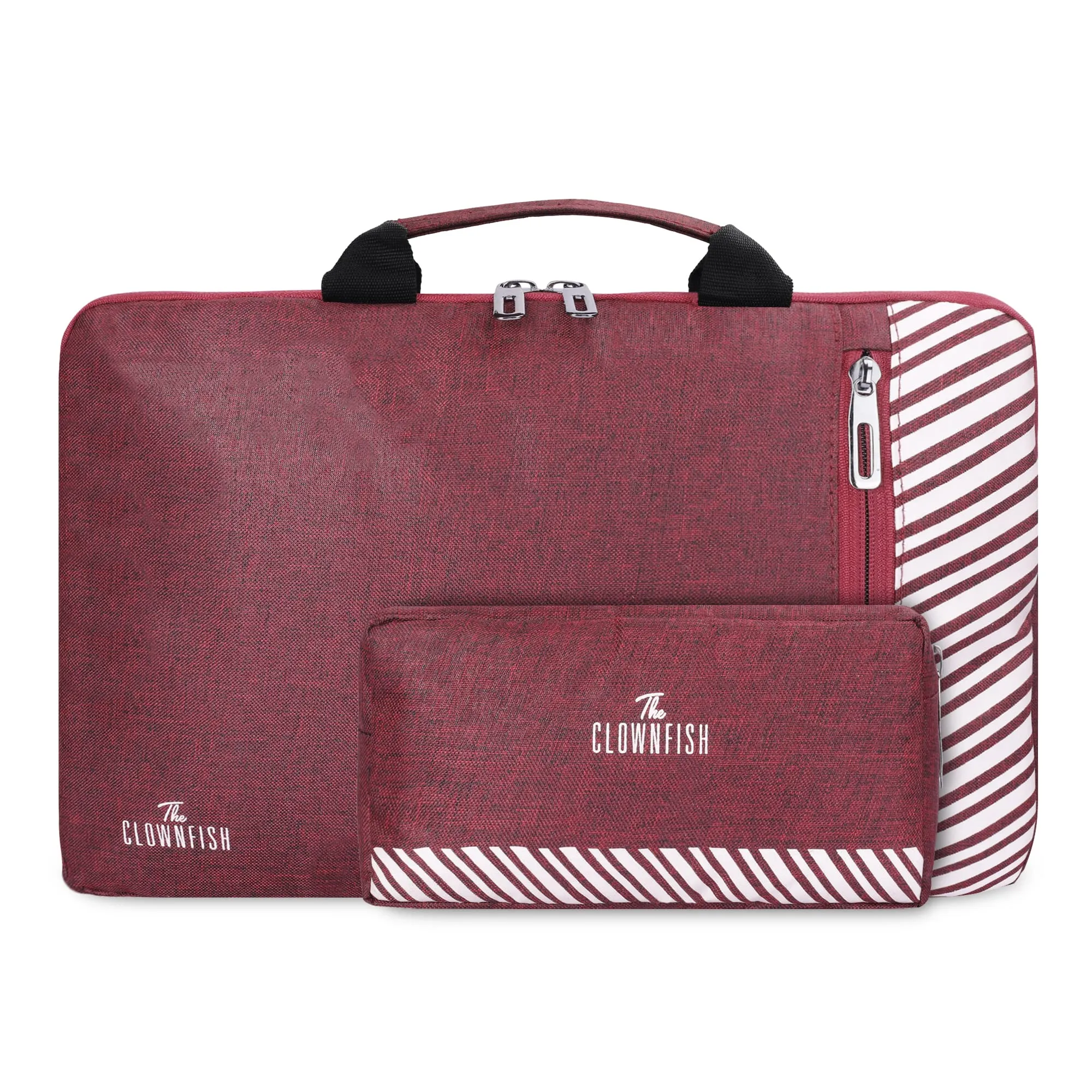 The Clownfish Combo of Rex Series Polyester 15.6 inch Laptop Sleeve with Comfortable Carry Handle & Scholar Series Multipurpose Polyester Travel Pouch Pencil Case Toiletry Bag (Maroon)