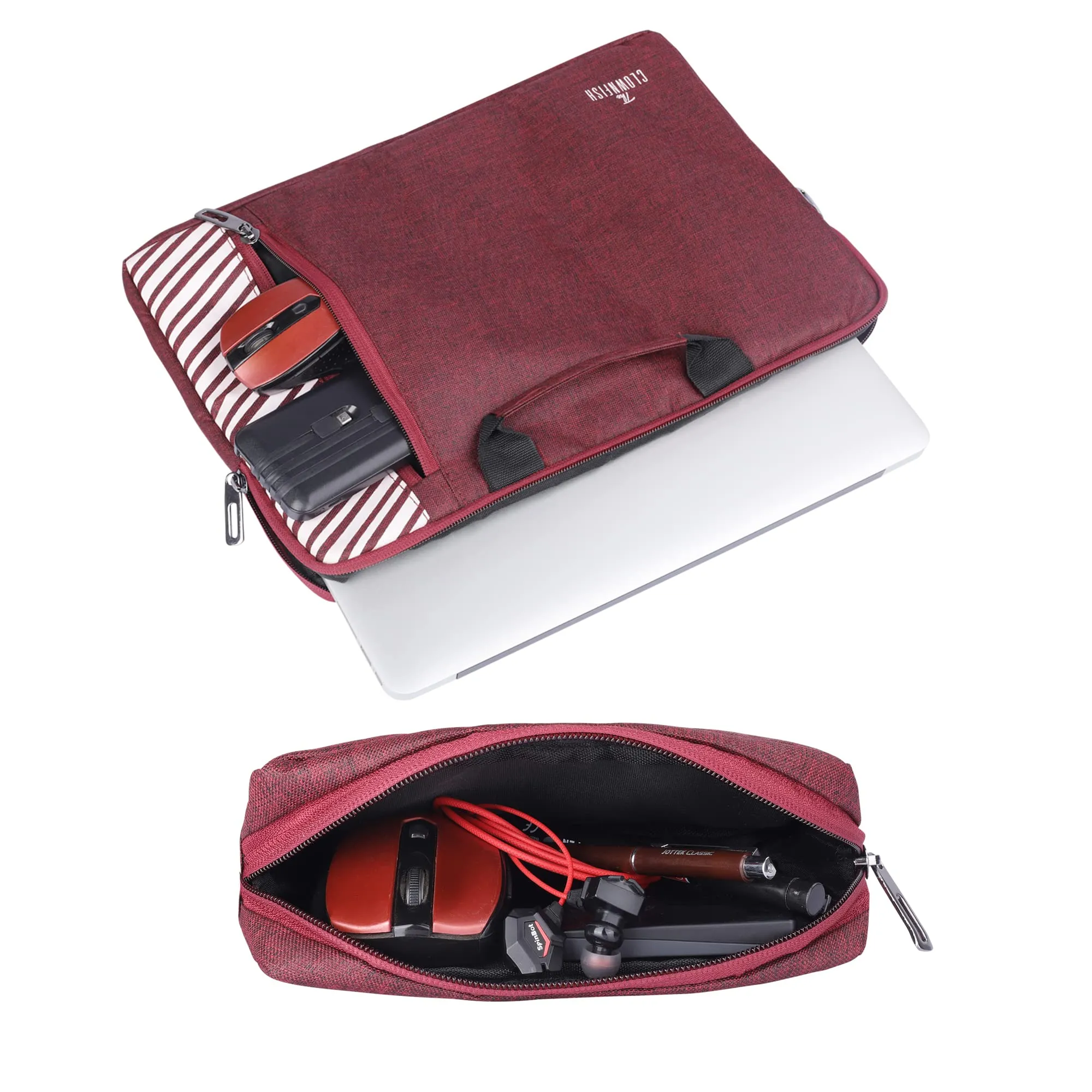 The Clownfish Combo of Rex Series Polyester 15.6 inch Laptop Sleeve with Comfortable Carry Handle & Scholar Series Multipurpose Polyester Travel Pouch Pencil Case Toiletry Bag (Maroon)