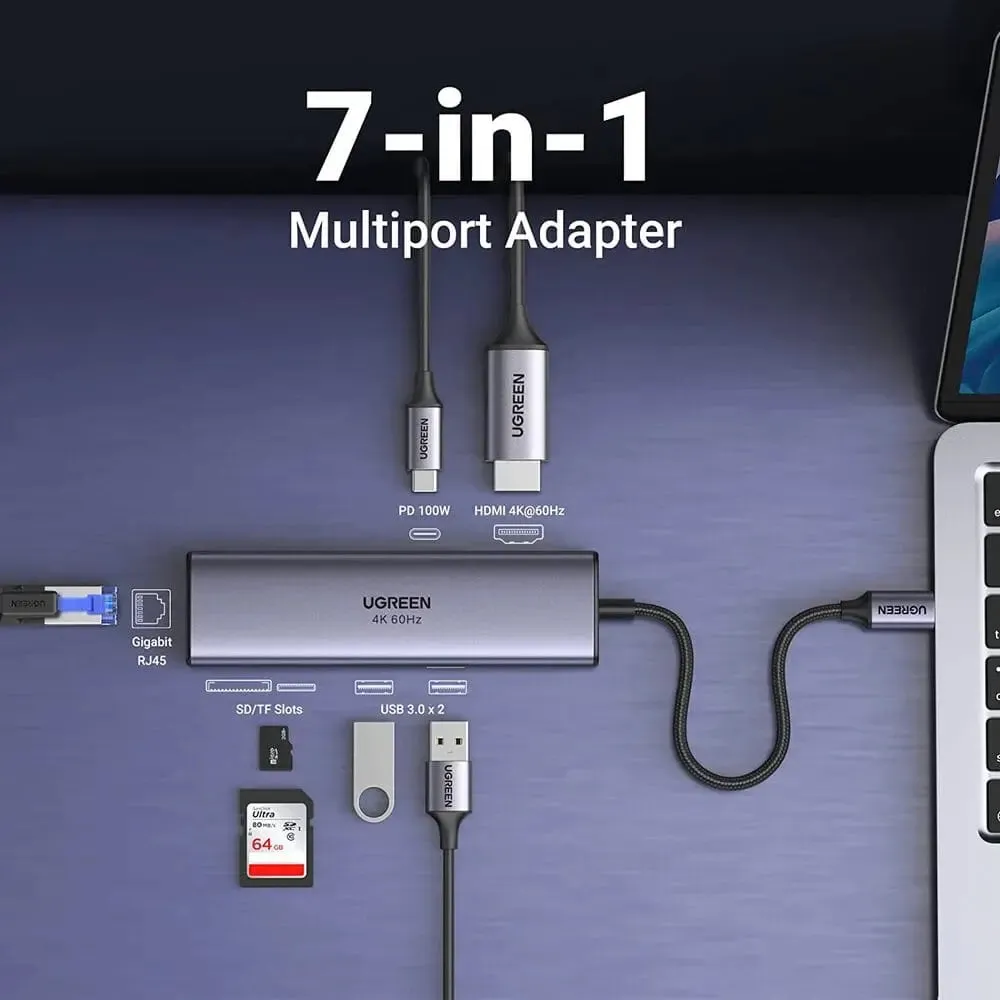 Ugreen 7 In 1 Multi-Functional Adaptor With 4K@60Hz HDMI, Gigabit Ethernet, 2*USB 3.0 Ports, 100W Power Delivery, SD/TF Card Reader For MacBook Dell Surface HP, and More (60515)